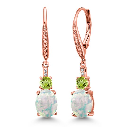 Gem Stone King 18K Rose Gold Plated Silver White Opal and Green Peridot Dangle Earrings for Women with Lab Grown Diamond (2.63 Cttw, Oval Cabochon 9X7MM)