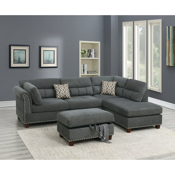 Modern Living Room Reversible Sectional Sofa L Shaped Couch Tufted Nickel Stud Arm Ottoman W Storage Slate Velvet Fabric Walmart Com Walmart Com