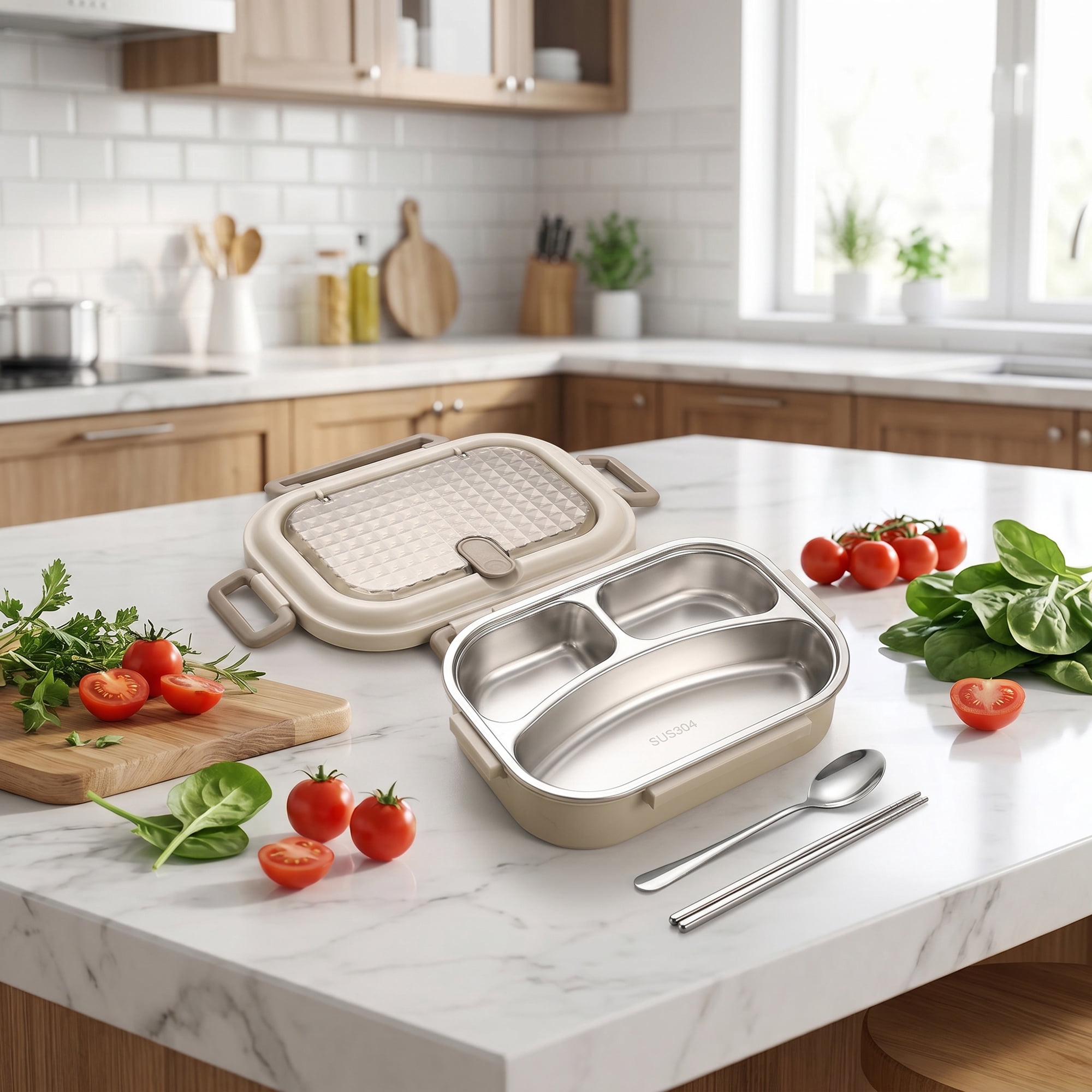 Unique Bargains Leak-Proof Meal Lunch Bento Box with Stainless Steel Light Brown-2