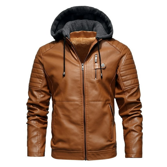 SWSMCLT Men's Faux Leather Jacket Fall Winter Warm Hooded Bomber Jackets Fall Biker Outerwear Full Zip Jackets & Coats Thermal Sherpa Fleece Lined Slim Fit Khaki Medium