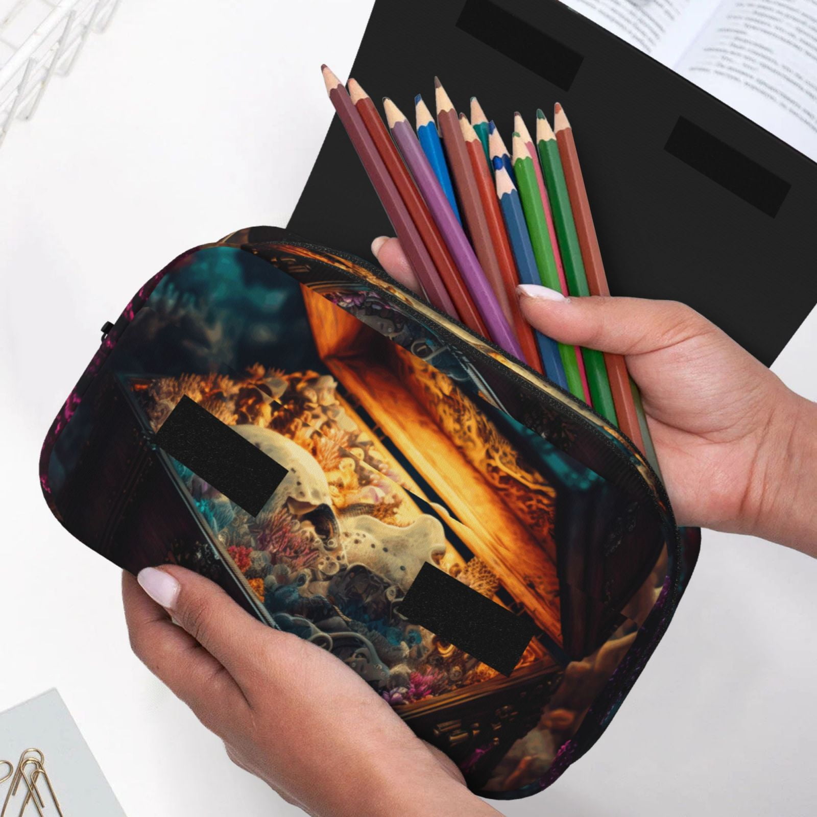 Rateoe Underwater Treasure Chest Pattern Double Clamshell Pen Case, Storage Organizer with Two Zipper Compartments– Holds Up to 50 Pencils & Pens