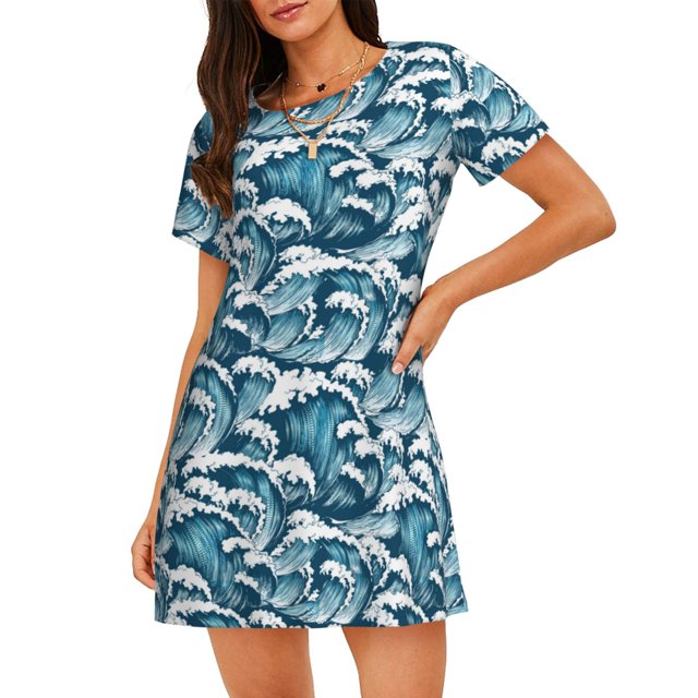 Disketp Ocean Waves para Camisón Corto de Manga Corta para Mujeres, Camisón Cómodo con Escote Redondo, Bonito y Confortable