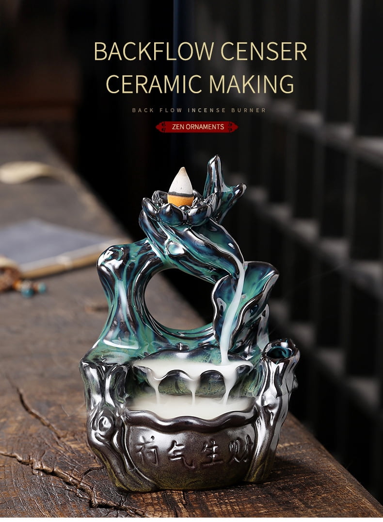 Ceramic Lotus Leaf Aromatherapy Holder Creative Waterfall Lotus Backflow Incense Burner Ornament for Yoga Room Office Bedroom