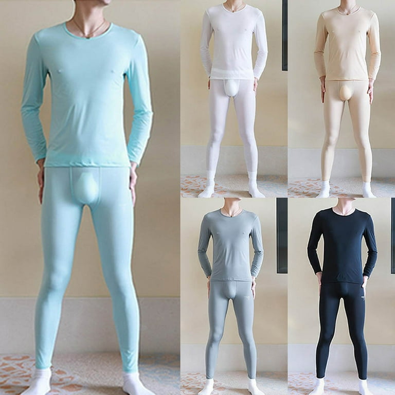 Men Thermal Underwear Set Long Johns Pants Warm Top Bottom Ice Silk Stretch