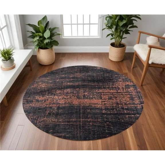 HomeRoots 548547 8 ft. Abstract Non Skid Round Area Rug, Black & Gold