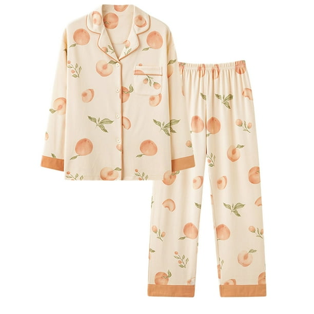 Gibobby Pijama mujerde de algodón Pijamas de algodón para mujer, traje fino de manga larga de algodón que se puede usar fuera de los patios grandes del hogar(Naranja,M)