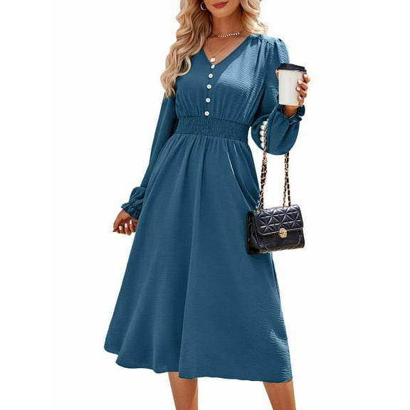 Mini V Neck Long Sleeve Dress for Women A-Line High Waisted Casual Flowy Dress for Cocktail Wedding Guest Blue L