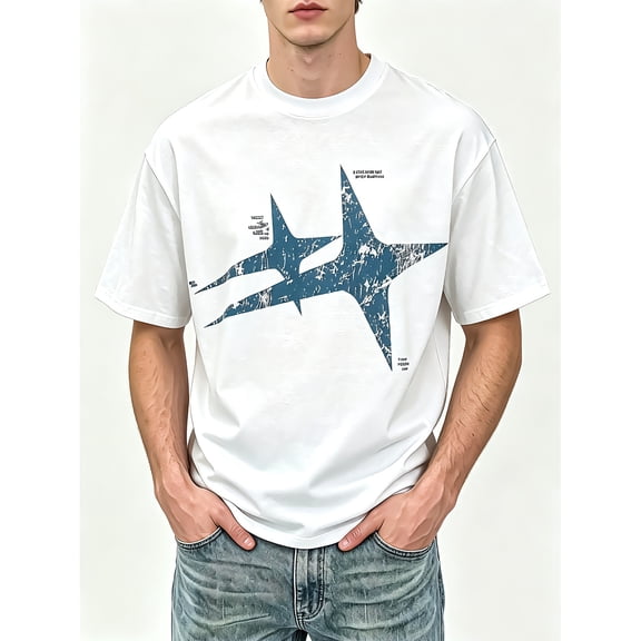 Men's White Distressed Star Graphic T-Shirt, Crew Neck Oversized Casual Top