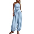 thumbnail image 2 of Cagogo Women's 2 Piece Sleeveless Tank Top Wide Leg Pants Set Casual Summer Beach Vacation Outfits Loose Solid Boho Cruise Travel Clothes Lounge Matching Sets Airport, Light Blue L, 2 of 6