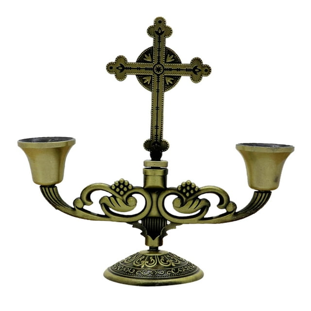 Candelabro europeo con cruz católica de dos brazos, soporte cristiano Bronce