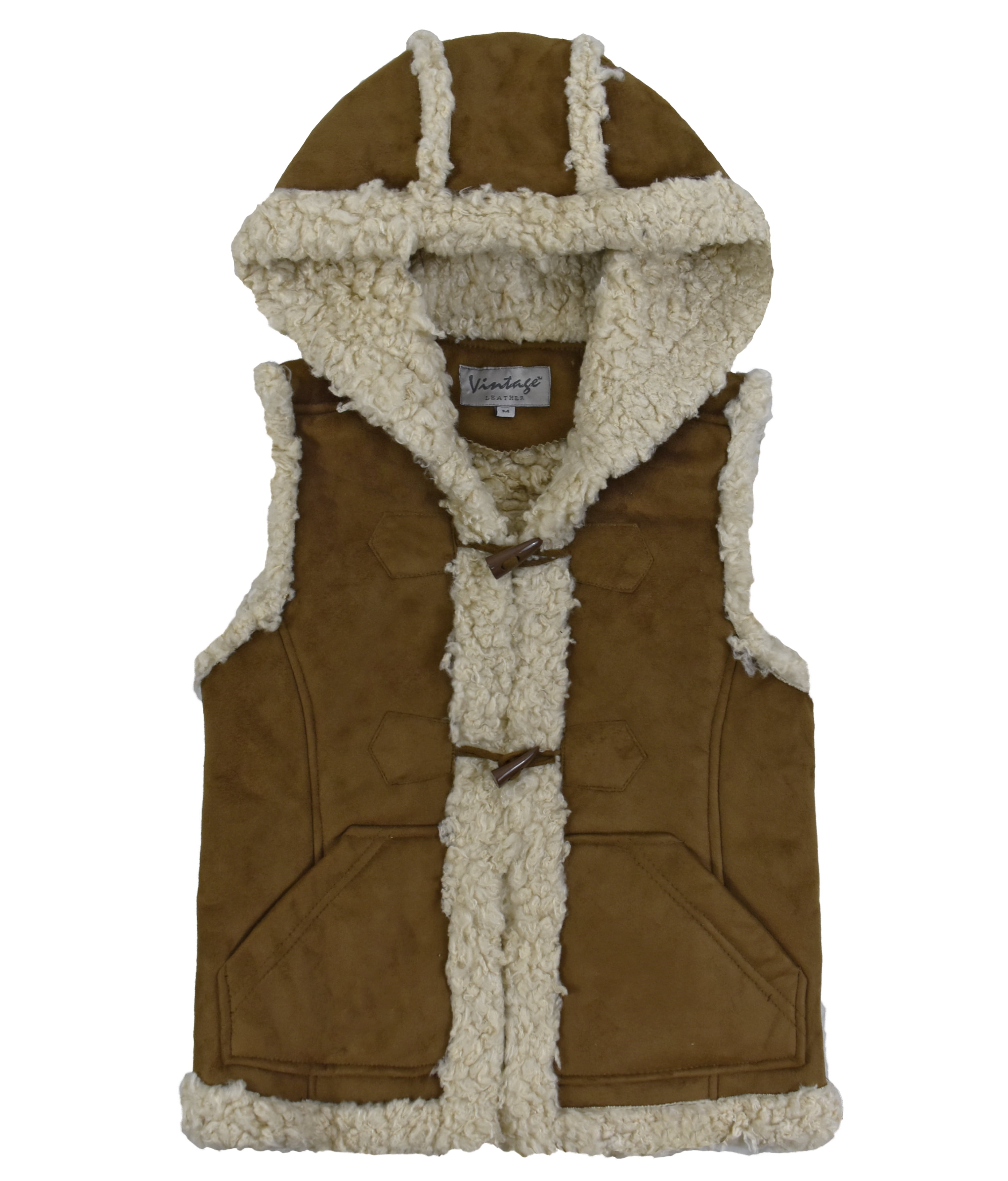 Victory Outfitters Girls’ Sherpa-lined Hooded Faux Suede Toggle Vest -  Brown - M