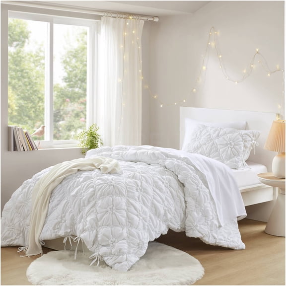 JERFIT Twin Comforter Set, Floral Embroidery Shabby Chic Bedding, All-Season Puffy Microfiber Comforter with Shams, White