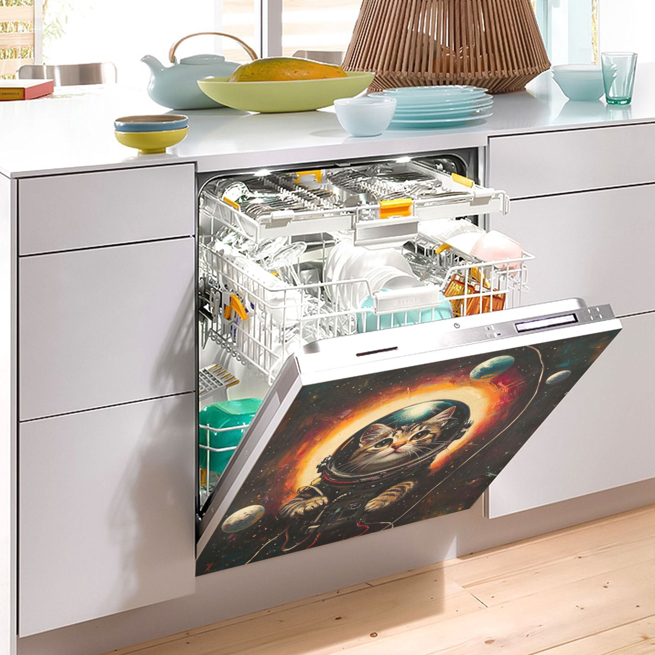 Dishwasher Magnetic Sticker 23x26 Inch Refrigerator Magnetic Sticker Washing Machine Magnetic Sticker Kitchen Panel Magnetic Sticker Home Decor Astronaut Black Cat