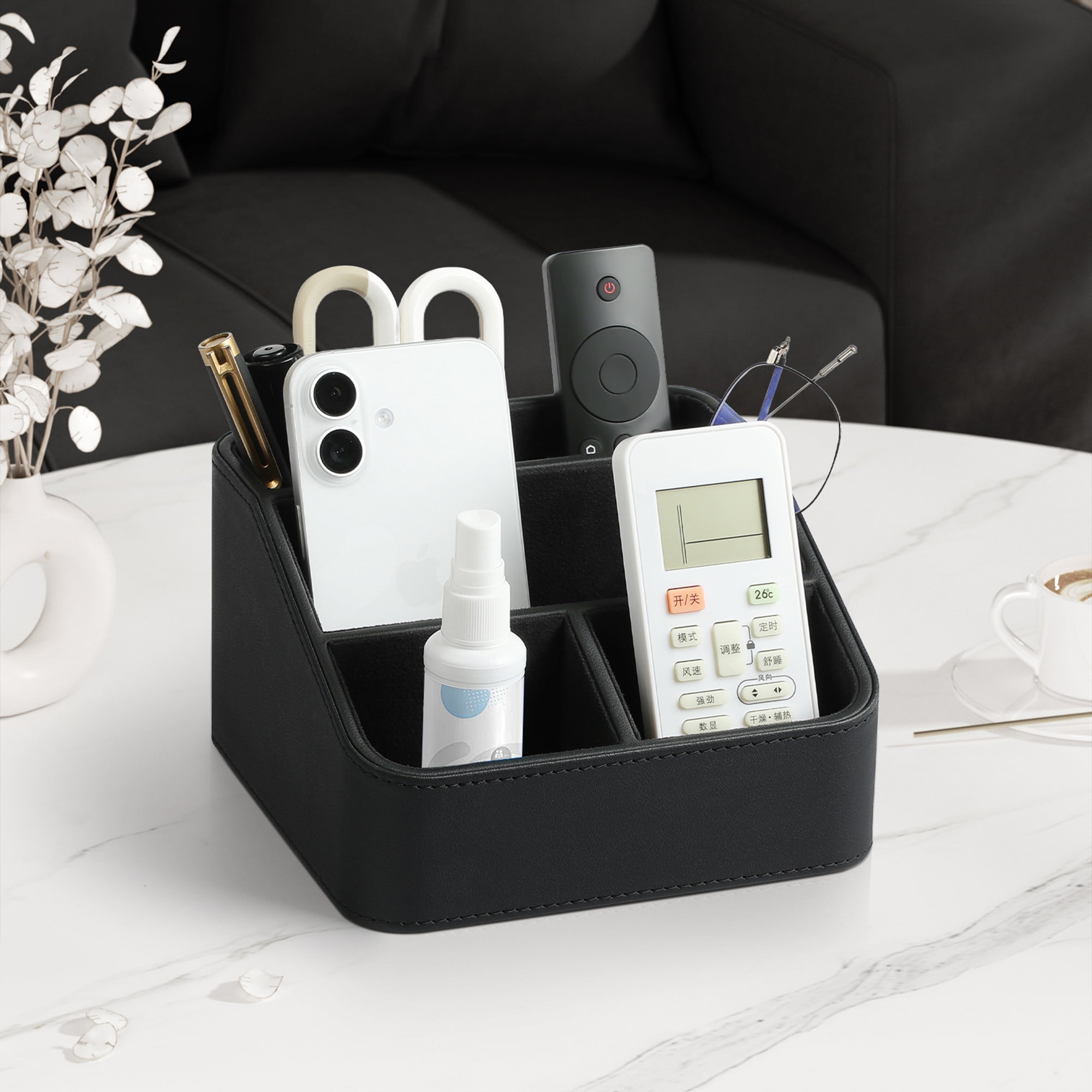Remote Control Holder, PU Leather Small Desk Organizer Stylish Cute Desktop Organizer for Home Office Desk Accessories, Remote Caddy Bedside Nightstand Organizer for Women Men (Black)