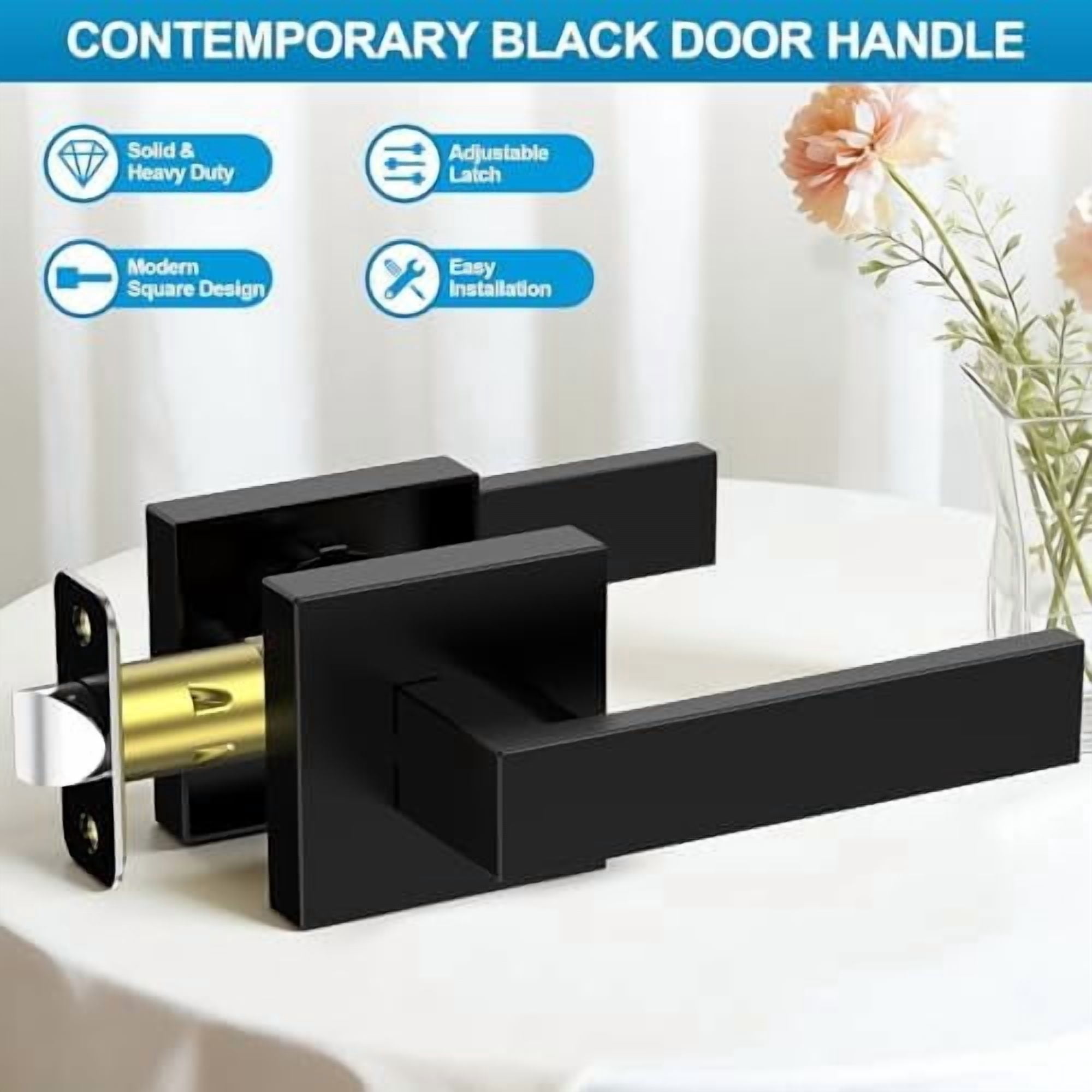 1 Pack Matte Black Door Handles, Passage Door Levers for Hallway & Closet, Interior Keyless Door Knobs Heavy Duty Square Non-Locking Handlesets, Reversible for Left & Right Sided Doors