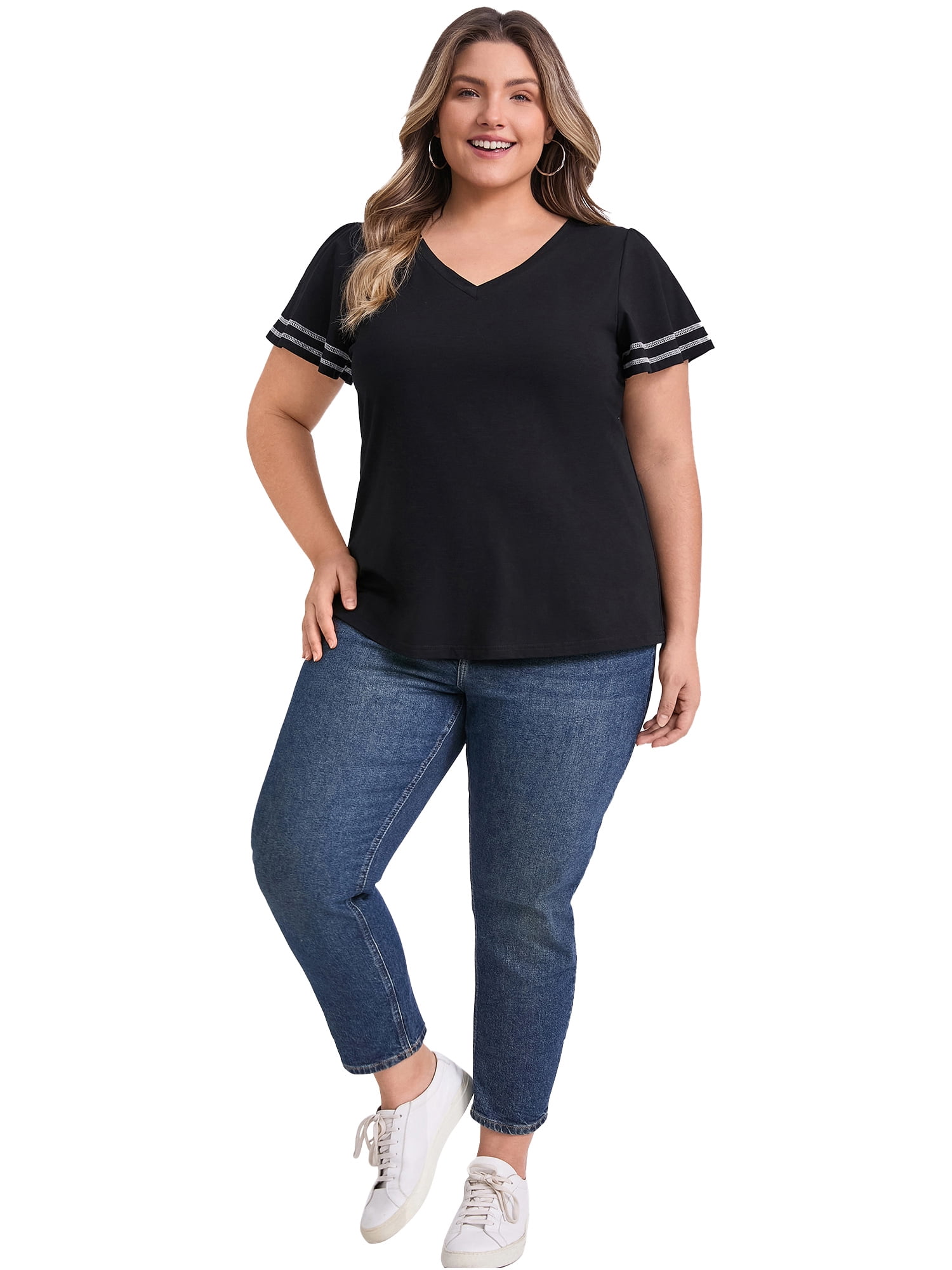 DARING DIVA Women's Plus Striped T Shirts Loose Fit Color Block Blouses 2X Black
