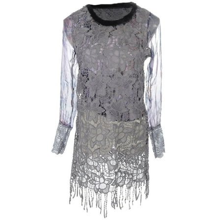 - S/M Fit Grey Fuzzy Trim Collar Floral Lace Overlay Fringe Hem Dress