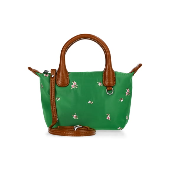 No Boundaries Women's Mini Tote Crossbody Bag, Turf Green with Floral Embroidery