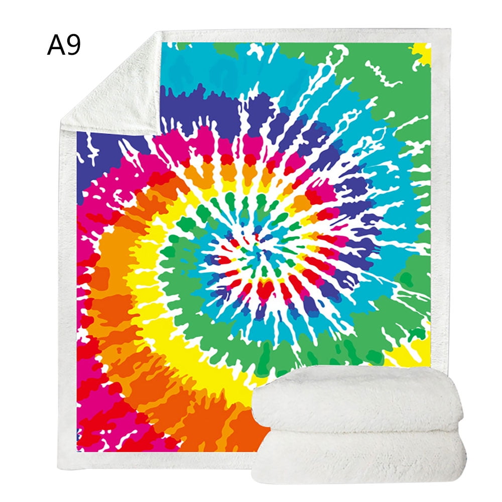 Tie Dye Throw Blanket Fleece Squre Blanket Rug Rainbow Color for