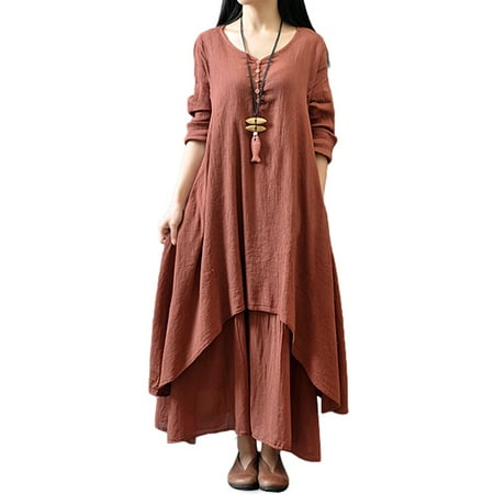 Oversize Vintage Kaftan Cotton Linen Maxi Dress For Lady Front Button ...