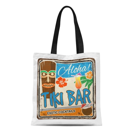 KDAGR Canvas Tote Bag Party Tiki Bar Vintage Rusty Metal Sign on Aloha Durable Reusable Shopping Shoulder Grocery Bag