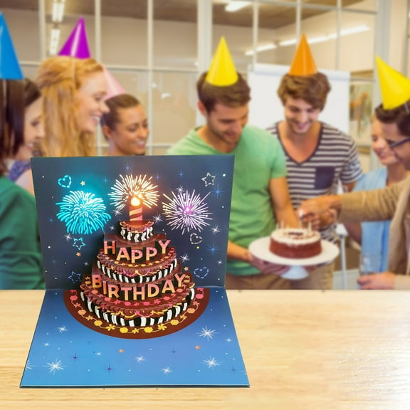 3D Birthday Card with Musical Lights Blowable Cake Surprise Gift Three-dimensional Hollow Greeting Card