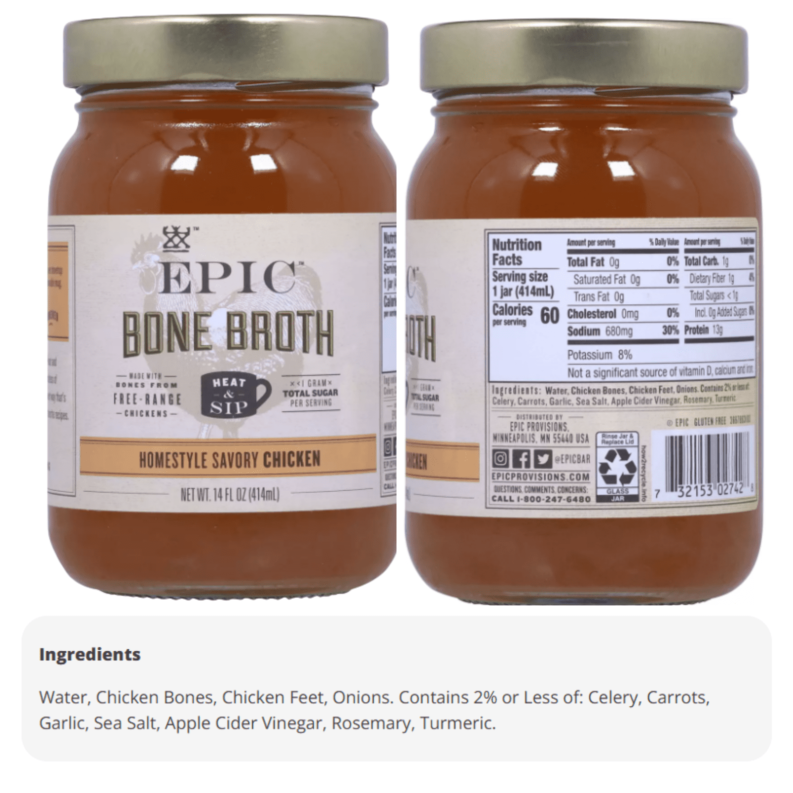 EPIC Bone Broth Homestyle Savory Chicken 2 Pack 14 oz