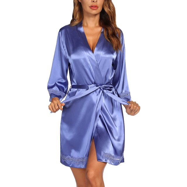 Women's Lace-Trim Kimono Style Short Satin Robe Sleepwear with 3/4 Sleeve