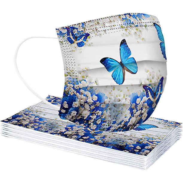 50 máscaras para niños, lindas máscaras desechables transpirables con estampado de mariposas azules y blancas, máscaras escolares de Halloween al aire libre para niñas y niños Feliz Sencillez