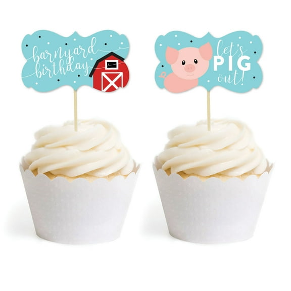 Red Farmhouse Barnyard Birthday, Cupcake Topper DIY Party Favors Kit, Fancy Frame Shape, 18-Pack