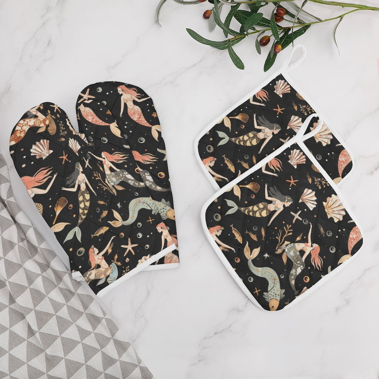 Ocean Cute Mermaid Heat Resistant Microwave Oven Gloves Set for BBQ Baking Grilling,Baking Gifts Cooks for Women,Housewarming Gifts for New Home