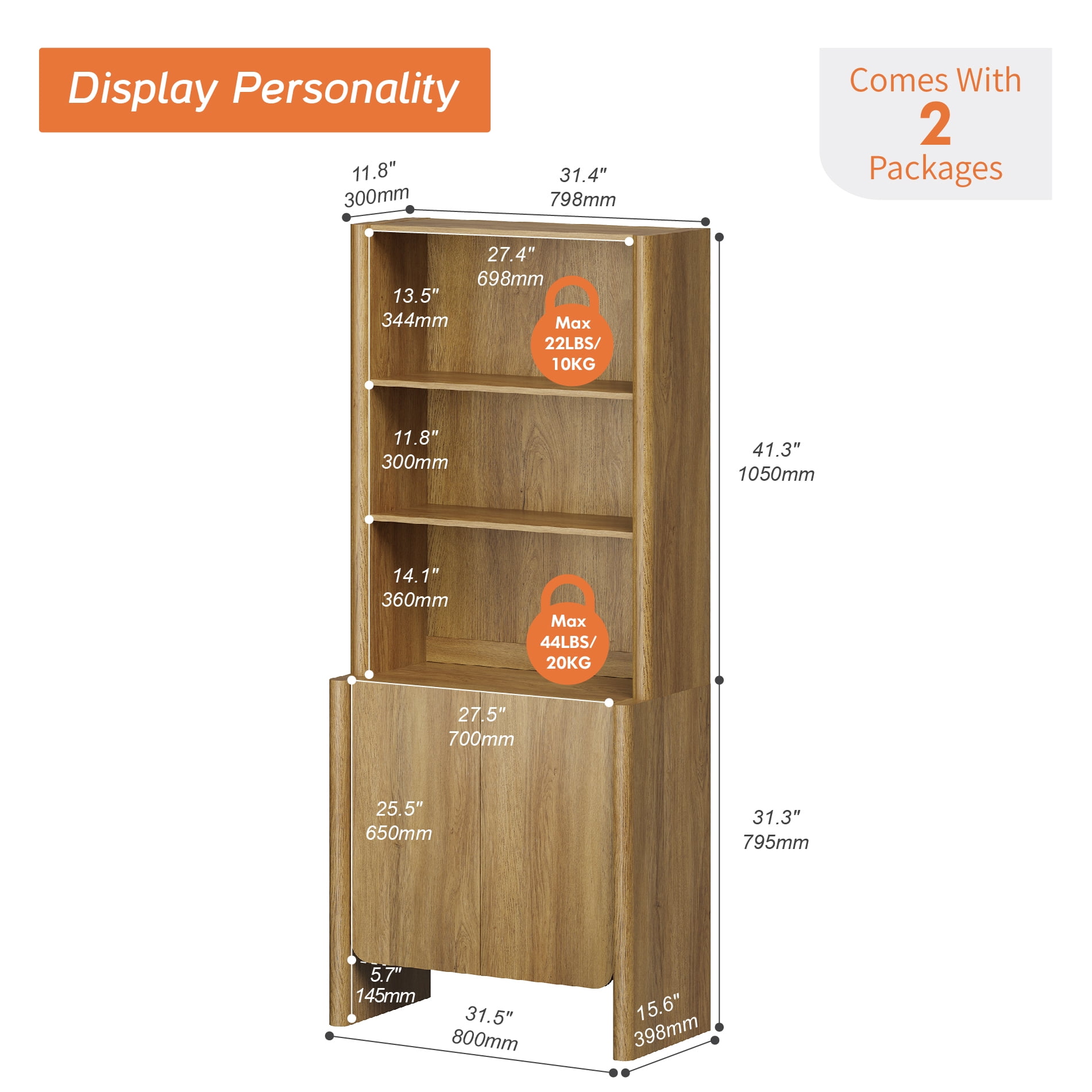 31.5-Inch Modern French Bookcase with Curved Edges, Cabinet Doors and Open Shelves, 72.8" Tall, Walnut