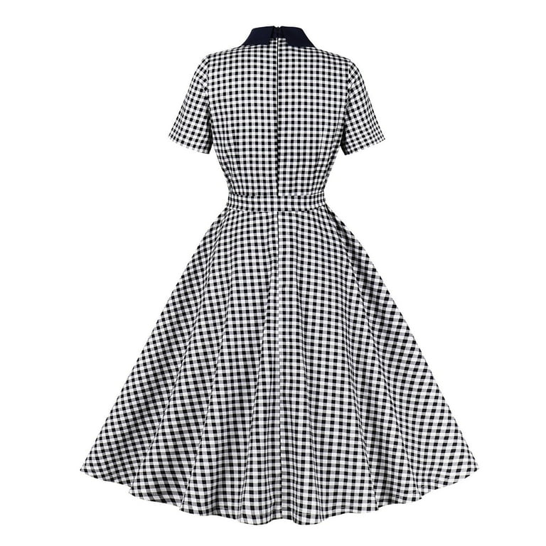 black and white tea party dress safuny Women's Tea Length A Line Dress Plaid Elegant High Waist Retro Prom  Party Trendy Dresses Holiday Short Sleeve Lapel Black XL