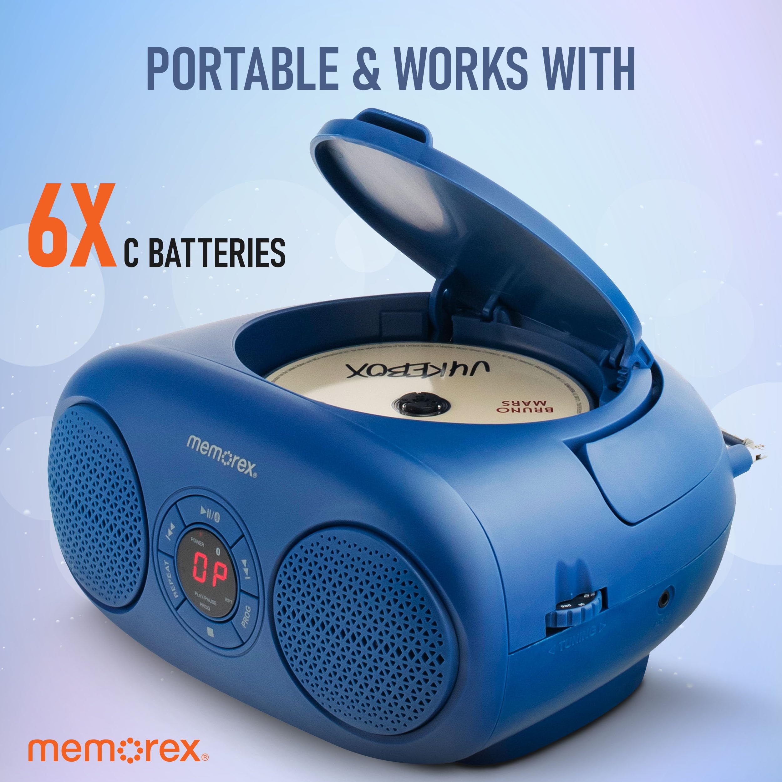 Memorex MX-BCD20(L) Portable CD Player | AM/FM Stereo Radio with Telescopic Antennas | CD-R/RW Compatible | Programmable Memory | LED Display | AUX Input | AC & Battery Powered (Blue)