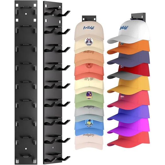 2 Pack Hat Organizer for Baseball Caps, Strong Adhesive Hat Rack for Wall, Multilayer Hat Storage Display Holder, Wall Mounted Hat Hooks Hold up to 18 Hats for Closet Door and Bedroom (Black)
