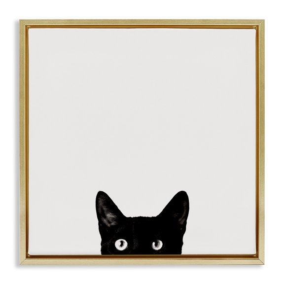 Stupell Industries Black Cat Peeking From Below Animals & Insects Painting Gold Floater Framed Canvas Art Print Wall Art, 18 x 18