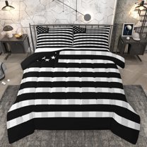 Homewish Fashion American Flag Full Size Comforter Sets, Black Grey Stripes Bedding Comforter Set, Modern Abstract Ombre Reversible Bedding Sets, Luxury Bedroom Decor, 3pcs