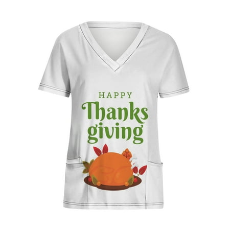 

Chiccall Womens Tops V-Neck Short Sleeve Nursing Uniform Workwear Thanksgiving Outfit Funny Turkey Printed Graphic Tees Blouse Scrubs Tops with Pockets on Clearance