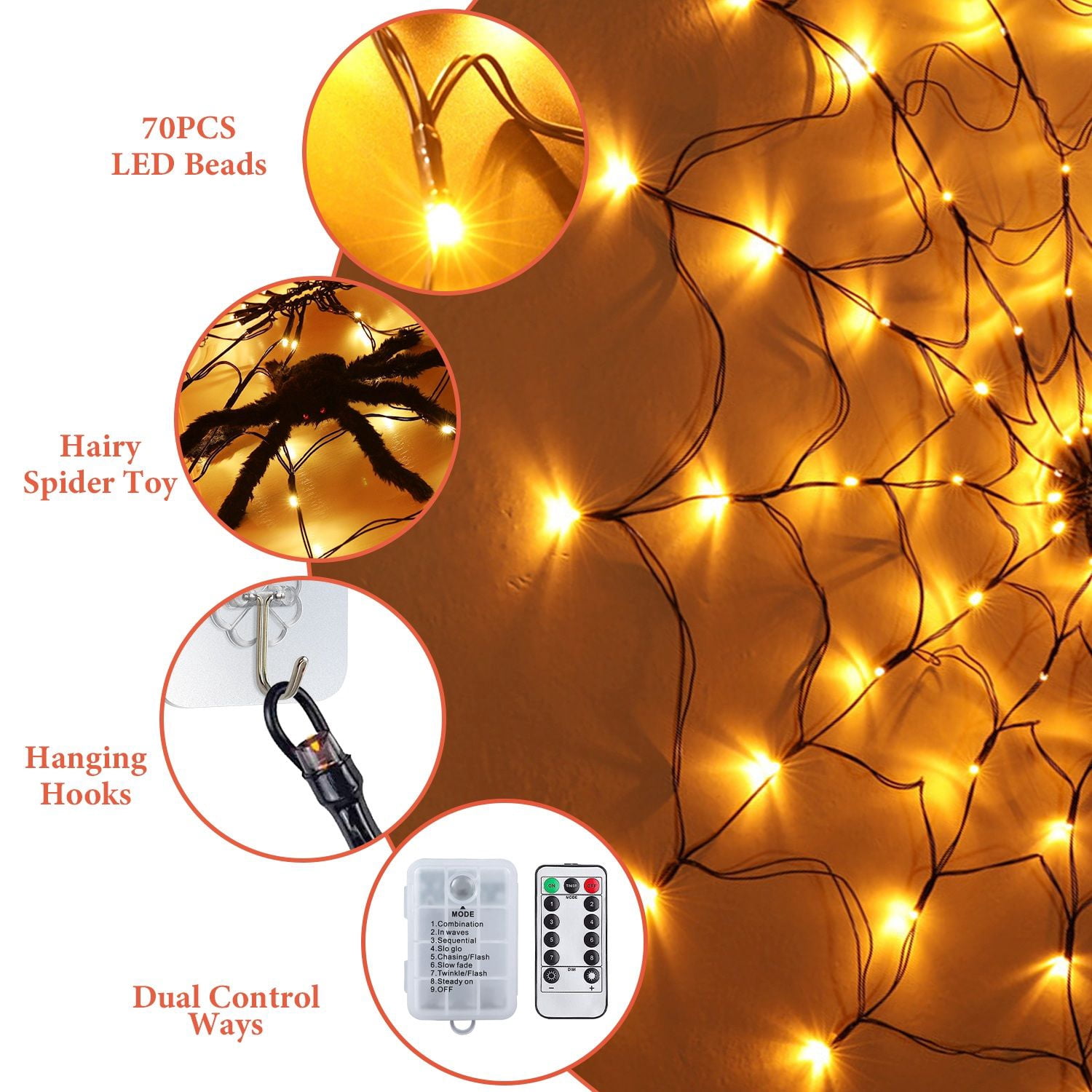 Halloween Spider Web Light 3.28FT with Remote Control 8 Modes 70 LED IP44 for Indoor Outdoor Party Decor