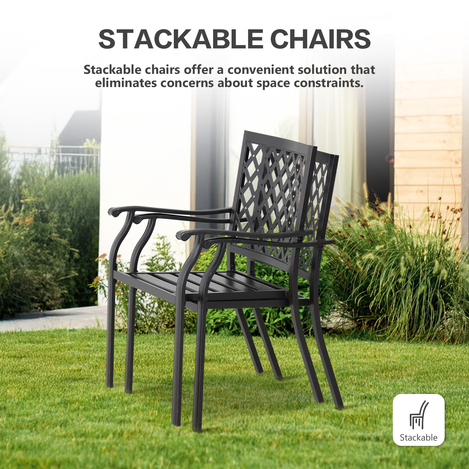 Aoodor Patio Outdoor Dining Chairs Set of 2, Stackable Metal Chairs with Armrests and Cushions for Lawn, Garden, Yard