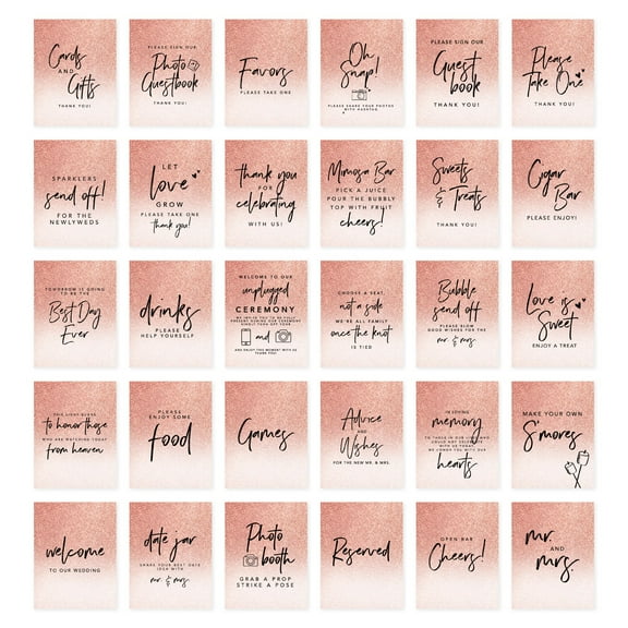 Koyal Wholesale Rose Gold Glitter Wedding Signs 8.5 x 11", Set of30Pack