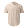 thumbnail image 3 of RYRJJ Mens Banded Collar Linen Cotton Shirts Casual Summer Beach Button-Down Short Sleeve Shirts with Chest Pocket(Khaki,L), 3 of 4