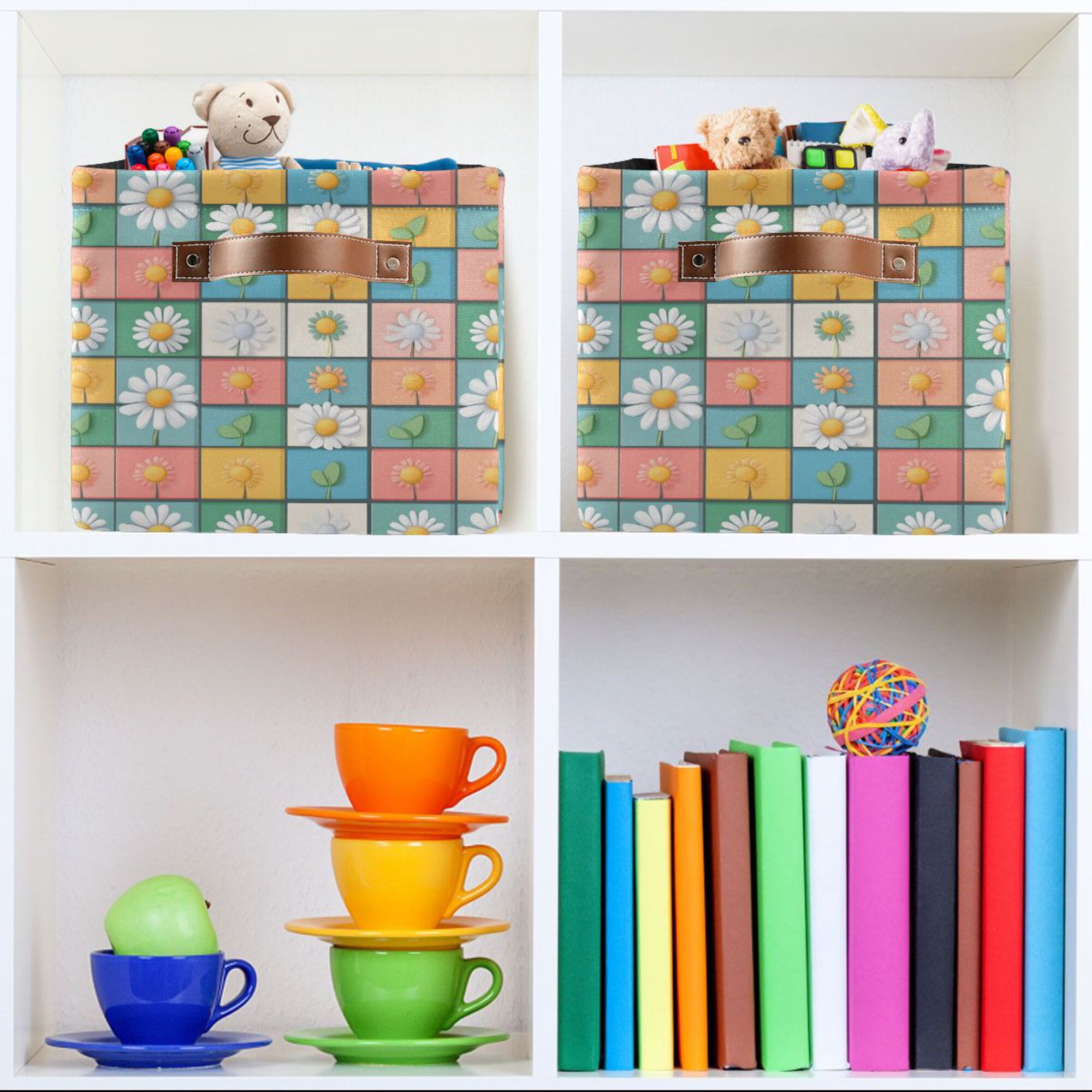 Yayeee Canvas Storage Basket with Handles for Shelves Fabric Bins Closet Organizer, Daisy Mosaic