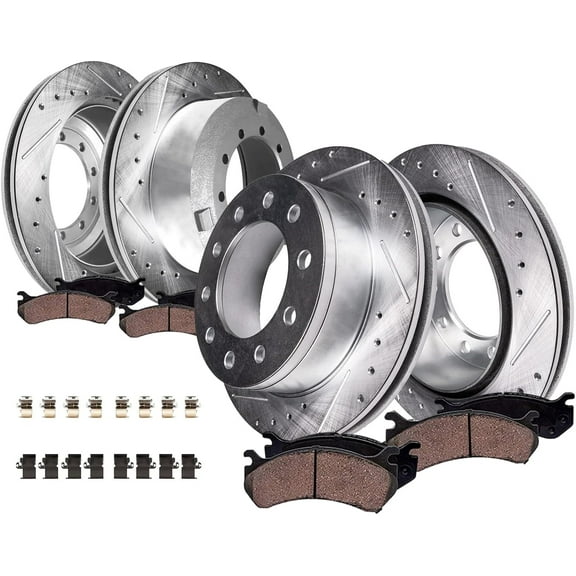 Detroit Axle - Brake Kit for Ford 2017-2021 F-450 F-550 Super Duty Drilled and Slotted Disc Brakes Rotors Ceramic Brake Pads 2018 2019 2020 Replacement: 15.39" inch Front and 15.75" inch Rear Rotor