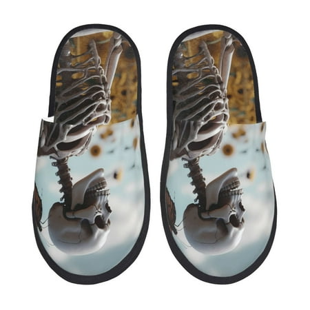 Balery Sunflower Butterfly Skull Slient Indoor Furry Fleece Comfort House Shoes Soft Non-Slip Home Shoes Cotton slippers House Slippers-- Large