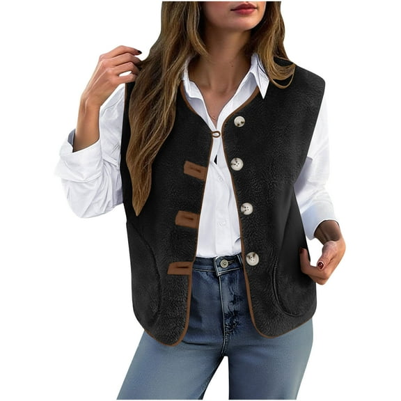 POROPL Vest for Women Winter Fleece Lightweight Cropped Coat Button Sleeveless Jackets with Pockets