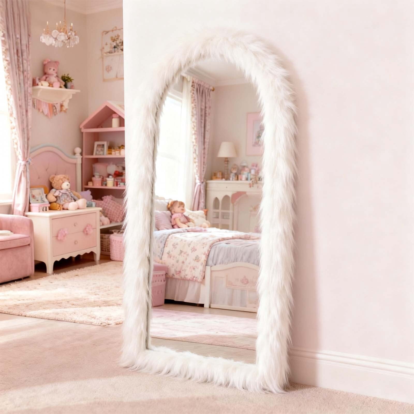 NimbleRest 71"x32.1" Large Fluffy Arched Full-Length Floor Mirror Dressing Mirror with Fuzzy Frame for DIY, Black