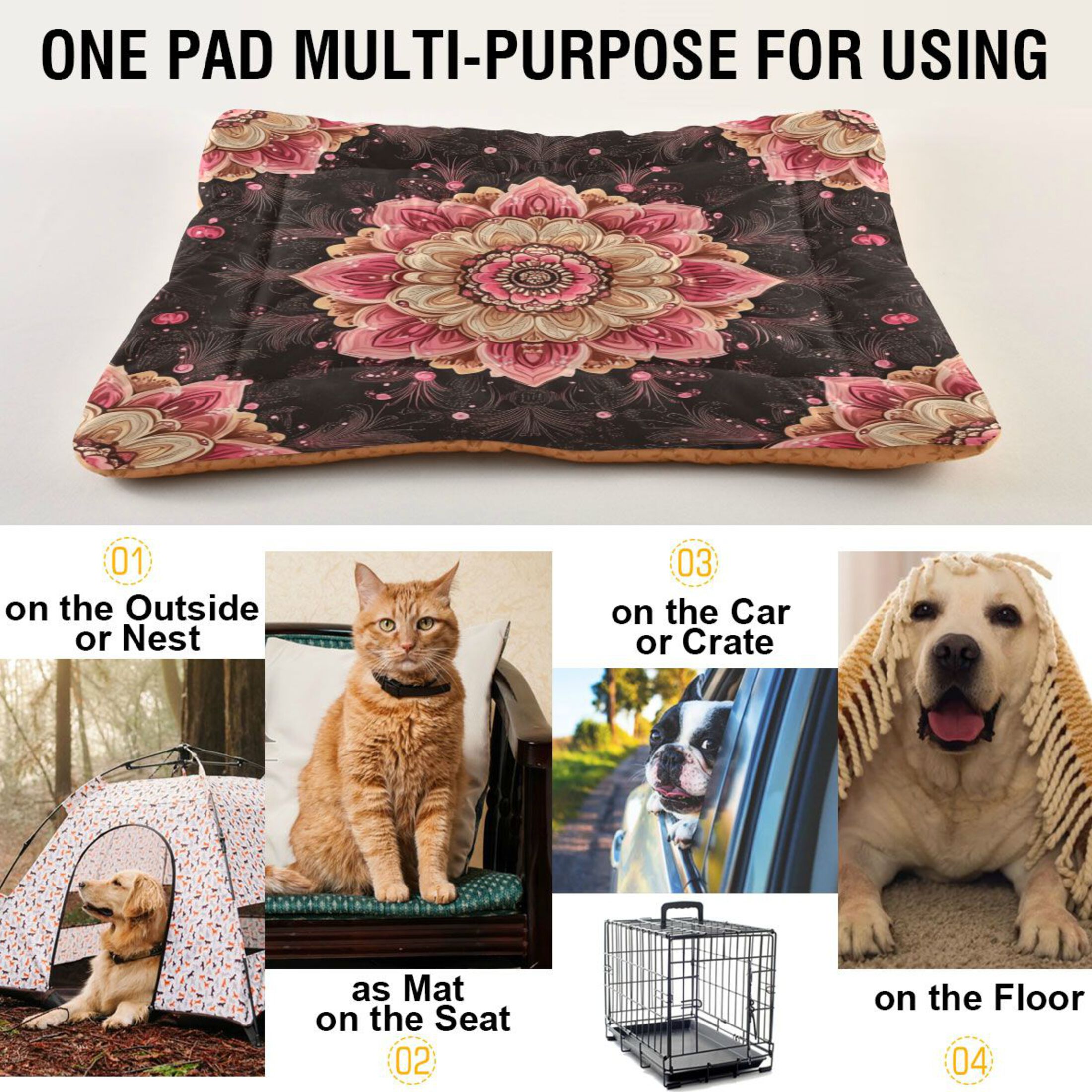 Qxltty Pink Mandala Flowers Ped Pad Wear-resistant and Hard to Bite Through Sleeping Pad for Small Medium Large Dogs Winter Pet Bed 36×24in