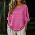 thumbnail image 3 of LangJing Oversized Cotton Linen Tops for Women 3/4 Sleeve Round Neck Summer Boho Shirts Loose Fit Dressy Casual Tunic Blouse with Pockets Hot Pink,XL, 3 of 3