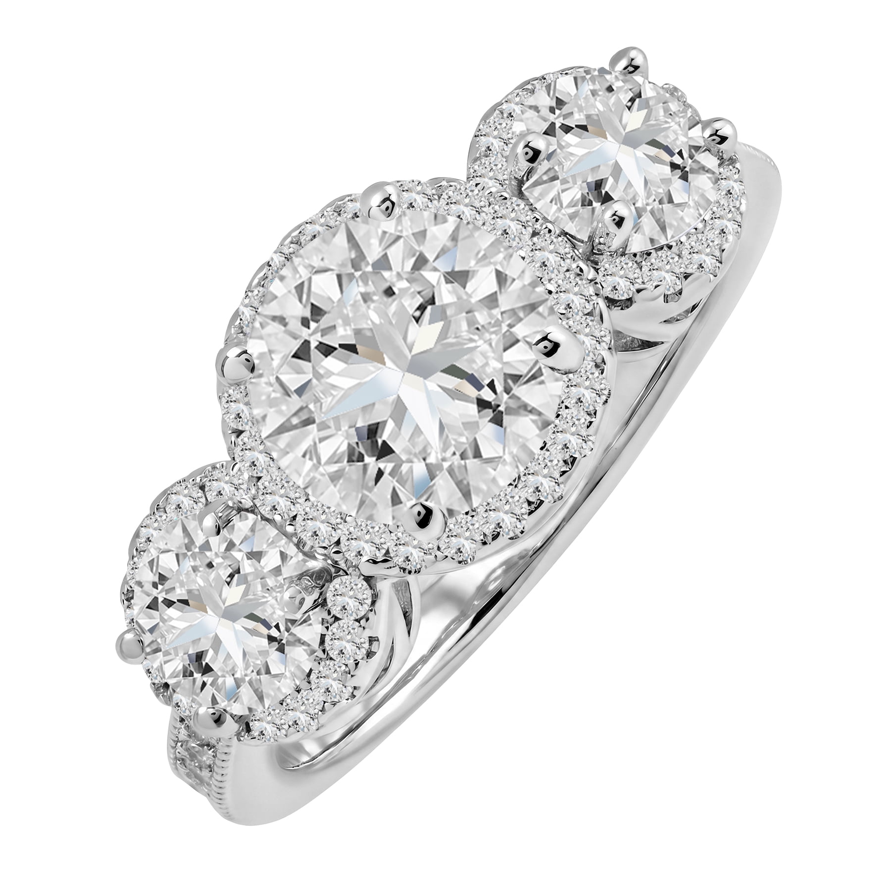 JeenMata 2.25 Carat Round Brilliant Cut Moissanite - Three Stone Engagement Rings in 18K White Gold Plating for Women